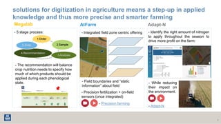 solutions for digitization in agriculture means a step-up in applied
knowledge and thus more precise and smarter farming
7
- 5 stage process:
Megalab AtFarm
- Integrated field zone centric offering
Adapt-N
1.Order
2.Sample
3.Analysis
4.Recommendation
5.Sale
- The recommendation will balance
crop nutrition needs to specify how
much of which products should be
applied during each phenological
state. - Field boundaries and “static
information” about field
- Precision fertilization + on-field
sensors (once integrated)
- Precision farming
- Identify the right amount of nitrogen
to apply throughout the season to
drive more profit on the farm:
- While reducing
their impact on
the environment.
- Adapt-N
 