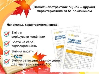 Замість абстрактних оцінок – дружня
характеристика за 51 показником
Наприклад, характеристики щодо:
Вміння
вирішувати конфлікти
Брати на себе
відповідальність
Вміння писати
диктант
Вміння записувати і виконувати
дії з числами у межах 100
 