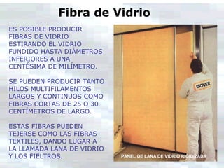 ES POSIBLE PRODUCIR
FIBRAS DE VIDRIO
ESTIRANDO EL VIDRIO
FUNDIDO HASTA DIÁMETROS
INFERIORES A UNA
CENTÉSIMA DE MILÍMETRO.
SE PUEDEN PRODUCIR TANTO
HILOS MULTIFILAMENTOS
LARGOS Y CONTINUOS COMO
FIBRAS CORTAS DE 25 O 30
CENTÍMETROS DE LARGO.
ESTAS FIBRAS PUEDEN
TEJERSE COMO LAS FIBRAS
TEXTILES, DANDO LUGAR A
LA LLAMADA LANA DE VIDRIO
Y LOS FIELTROS.
Fibra de Vidrio
PANEL DE LANA DE VIDRIO RIGIDIZADA
 