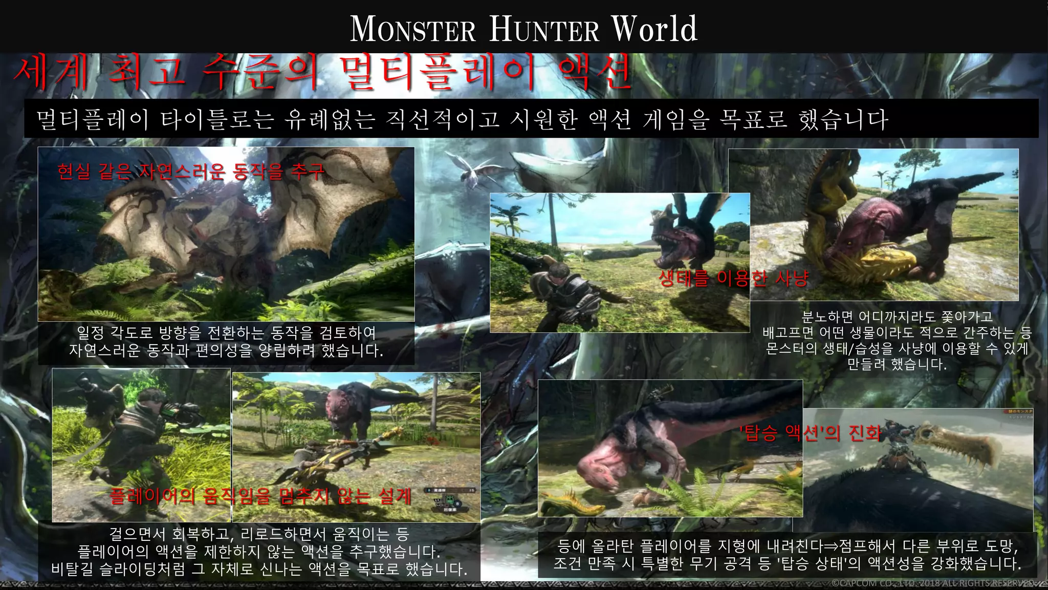 멀티플레이 타이틀로는 유례없는 직선적이고 시원한 액션 게임을 목표로 했습니다
일정 각도로 방향을 전환하는 동작을 검토하여
자연스러운 동작과 편의성을 양립하려 했습니다.
걸으면서 회복하고, 리로드하면서 움직이는 등
플레이어의 액션을 제한하지 않는 액션을 추구했습니다.
비탈길 슬라이딩처럼 그 자체로 신나는 액션을 목표로 했습니다.
'탑승 액션'의 진화
등에 올라탄 플레이어를 지형에 내려친다⇒점프해서 다른 부위로 도망,
조건 만족 시 특별한 무기 공격 등 '탑승 상태'의 액션성을 강화했습니다.
플레이어의 움직임을 멈추지 않는 설계
분노하면 어디까지라도 쫓아가고
배고프면 어떤 생물이라도 적으로 간주하는 등
몬스터의 생태/습성을 사냥에 이용할 수 있게
만들려 했습니다.
현실 같은 자연스러운 동작을 추구
MONSTER HUNTER World
세계 최고 수준의 멀티플레이 액션
생태를 이용한 사냥
© CAPCOM CO., LTD. 2018 ALL RIGHTS RESERVED.
 