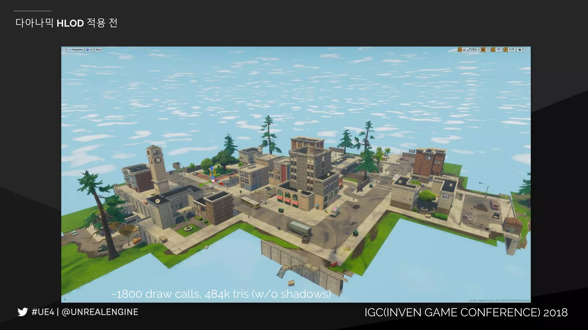 IGC(INVEN GAME CONFERENCE) 2018
다아나믹 HLOD 적용 전
~1800 draw calls, 484k tris (w/o shadows)
 