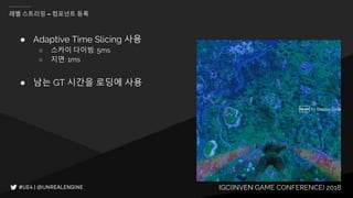 IGC(INVEN GAME CONFERENCE) 2018
레벨 스트리밍 – 컴포넌트 등록
● Adaptive Time Slicing 사용
○ 스카이 다이빙: 5ms
○ 지면: 1ms
● 남는 GT 시간을 로딩에 사용
 