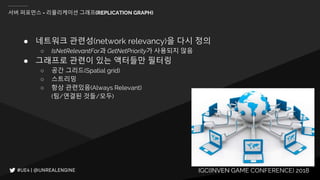 IGC(INVEN GAME CONFERENCE) 2018
● 네트워크 관련성(network relevancy)을 다시 정의
○ IsNetRelevantFor과 GetNetPriority가 사용되지 않음
● 그래프로 관련이 있는 액터들만 필터링
○ 공간 그리드(Spatial grid)
○ 스트리밍
○ 항상 관련있음(Always Relevant)
(팀/연결된 것들/모두)
서버 퍼포먼스 - 리플리케이션 그래프(REPLICATION GRAPH)
 