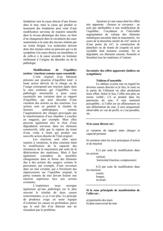 fondations sera la cause directe d’une fissure
dans le mur, mais la cause qui produit ce
tassement des fondations peut venir d’une
modification survenue de manière naturelle
dans le niveau phréatique des lieux, ou bien
d’un changement dans la circulation des eaux
souterraines à la suite des travaux réalisés par
un voisin éloigné. Les recherches doivent
donc être menées selon un parcours qui va du
symptôme à la cause directe ou immédiate, et
de celle-ci à la cause seconde ou lointaine
réellement à l’origine du désordre ou de la
pathologie.
Modifications de l’équilibre
(action / réaction) comme cause essentielle
L’état originel d’un bâtiment
présente une situation d’équilibre total : à
toute action dérivée de la charge ou de
l’usage correspond une réaction égale dans
le sens contraire qui l’équilibre. Une
pathologie structurelle a pour cause
essentielle une variation dans ce rapport
d’équilibre, qui peut découler d’une
variation des actions ou des réactions. Les
actions sont en général le résultat de
facteurs anthropiques, comme
l’augmentation des charges provoquée par
la transformation d’une chambre à coucher
en magasin, par exemple. Mais elles
peuvent également être le fruit d’une
dégradation survenue dans les éléments
constructifs, telle que la rupture du tirant
d’une voûte à tirant qui produit une
nouvelle action absente de l’état originel.
Les réactions sont elles aussi
sujettes à variations, la plus courante étant
la modification de la capacité des
résistances de la maçonnerie par suite de la
détérioration des matériaux. Mais il faut
également considérer de possibles
changements dans la forme des éléments
dus à des actions des usagers, comme le
percement, par exemple, d’une ouverture
dans un mur existant, qui a forcément des
répercussions sur l’équilibre original, la
partie restante du mur devant fournir une
réaction supérieure face aux actions
existantes.
L’expérience nous enseigne
également qu’une pathologie est le plus
souvent le résultat de deux causes
concomitantes, si ce n’est plus. Le principe
de prudence exige en toute logique
d’examiner les causes en profondeur, parce
que le seul fait d’en détecter une ne
résoudrait pas le problème.
Ajoutons ici une cause dont les effets
très apparents – fissures et crevasses – ne
sont pas attribuables à une modification de
l’équilibre : l’oxydation et l’inévitable
augmentation de volume des éléments
métalliques encastrés dans la maçonnerie. Au
cours de la deuxième moitié du XIX
e
siècle et
d’une partie du XX
e
, la construction de
planchers ou de tirants de coupole en acier
oxydable était monnaie courante. En se
dégradant, ces éléments cassent, fissurent et
lézardent tous les matériaux à l’entour.
Inventaire des effets apparents (indices ou
symptômes)
Tableau d’ensemble
Le tableau ci-joint met en regard les
diverses causes directes et le lieu, la zone ou
la partie de l’élément où elles produisent
leurs effets. Selon le lieu, l’effet sera plus ou
moins visible ; s’il se produit dans les
parements du mur, il sera aisément
perceptible ; si l’effet est un affaissement ou
une déformation du mur, il sera uniquement
observable en vue de profil, si c’est possible,
etc.
Si la cause directe est :
a) variation du rapport entre charges et
capacité portante
b) variation entre les axes principaux d’action
et de réaction
b.1) par suite de modification dans
les actions
vertical,
horizontal (traction, compression)
b.2) par suite de modification dans
les réactions
courte,
longue,
inversée
Si la zone principale de manifestation de
l’effet est :
a) parements des murs
b) plan transversal du mur
 