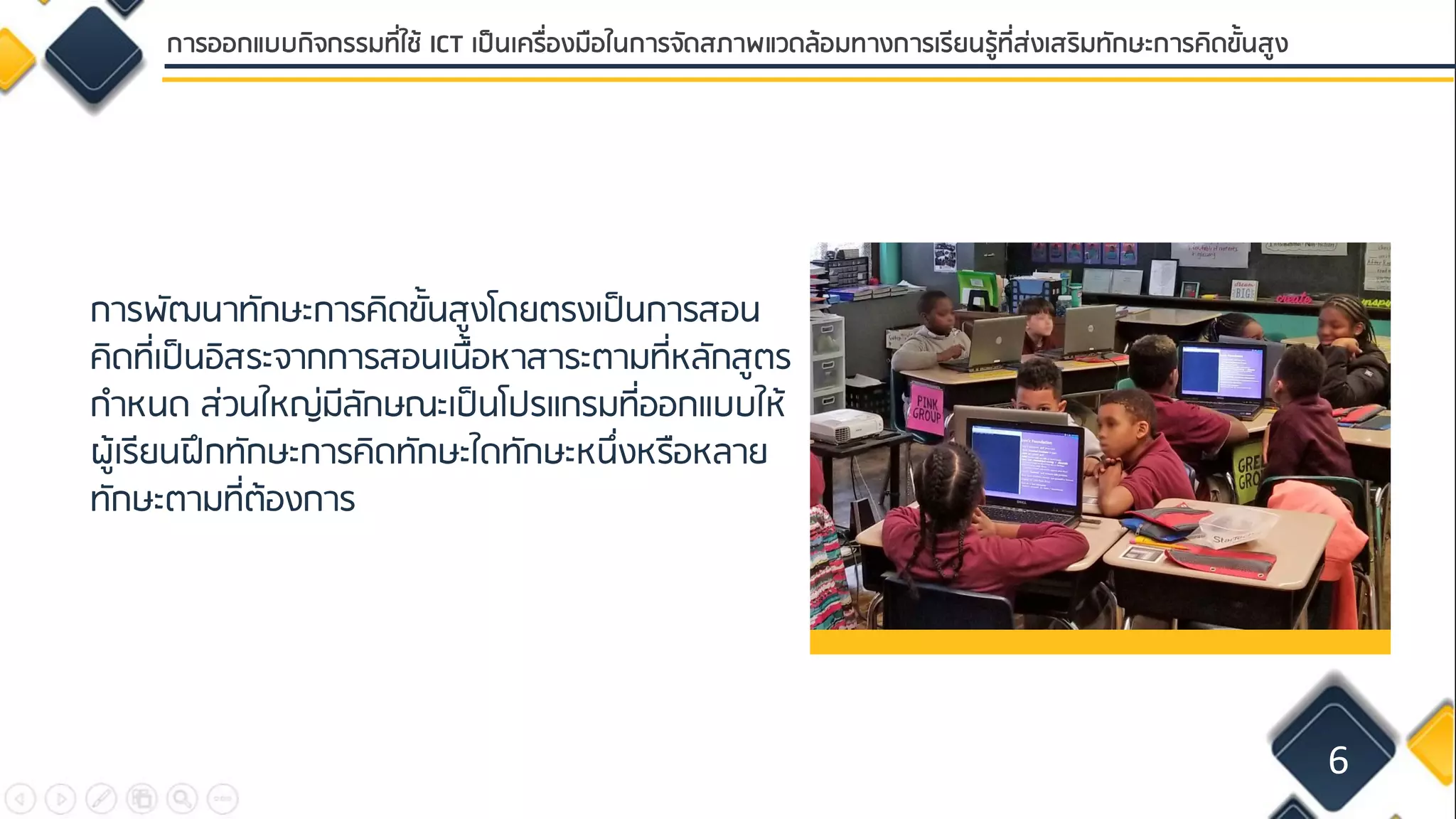 การพัฒนาทักษะการคิดขั้นสูงโดยตรงเป็นการสอน
คิดที่เป็นอิสระจากการสอนเนื้อหาสาระตามที่หลักสูตร
กาหนด ส่วนใหญ่มีลักษณะเป็นโปรแกรมที่ออกแบบให้
ผู้เรียนฝึกทักษะการคิดทักษะใดทักษะหนึ่งหรือหลาย
ทักษะตามที่ต้องการ
6
การออกแบบกิจกรรมที่ใช้ ICT เป็นเครื่องมือในการจัดสภาพแวดล้อมทางการเรียนรู้ที่ส่งเสริมทักษะการคิดขั้นสูง
 