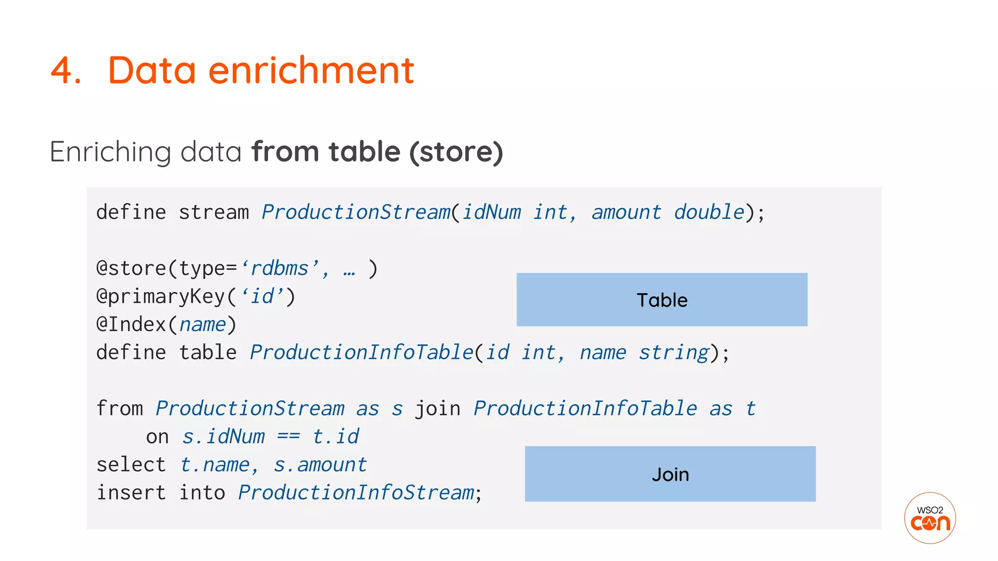 Enriching data from table (store)
4. Data enrichment
define stream ProductionStream(idNum int, amount double);
@store(type=‘rdbms’, … )
@primaryKey(‘id’)
@Index(name)
define table ProductionInfoTable(id int, name string);
from ProductionStream as s join ProductionInfoTable as t
on s.idNum == t.id
select t.name, s.amount
insert into ProductionInfoStream;
Table
Join
 