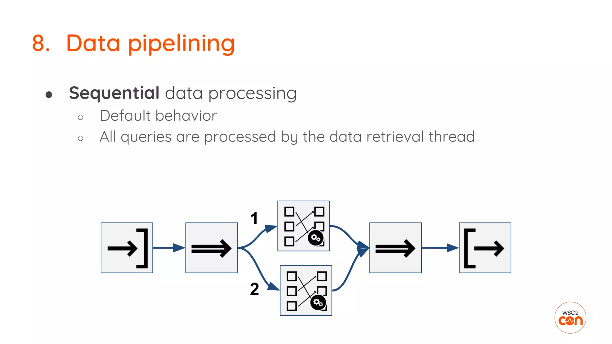 ● Sequential data processing
○ Default behavior
○ All queries are processed by the data retrieval thread
8. Data pipelining
1
2
 
