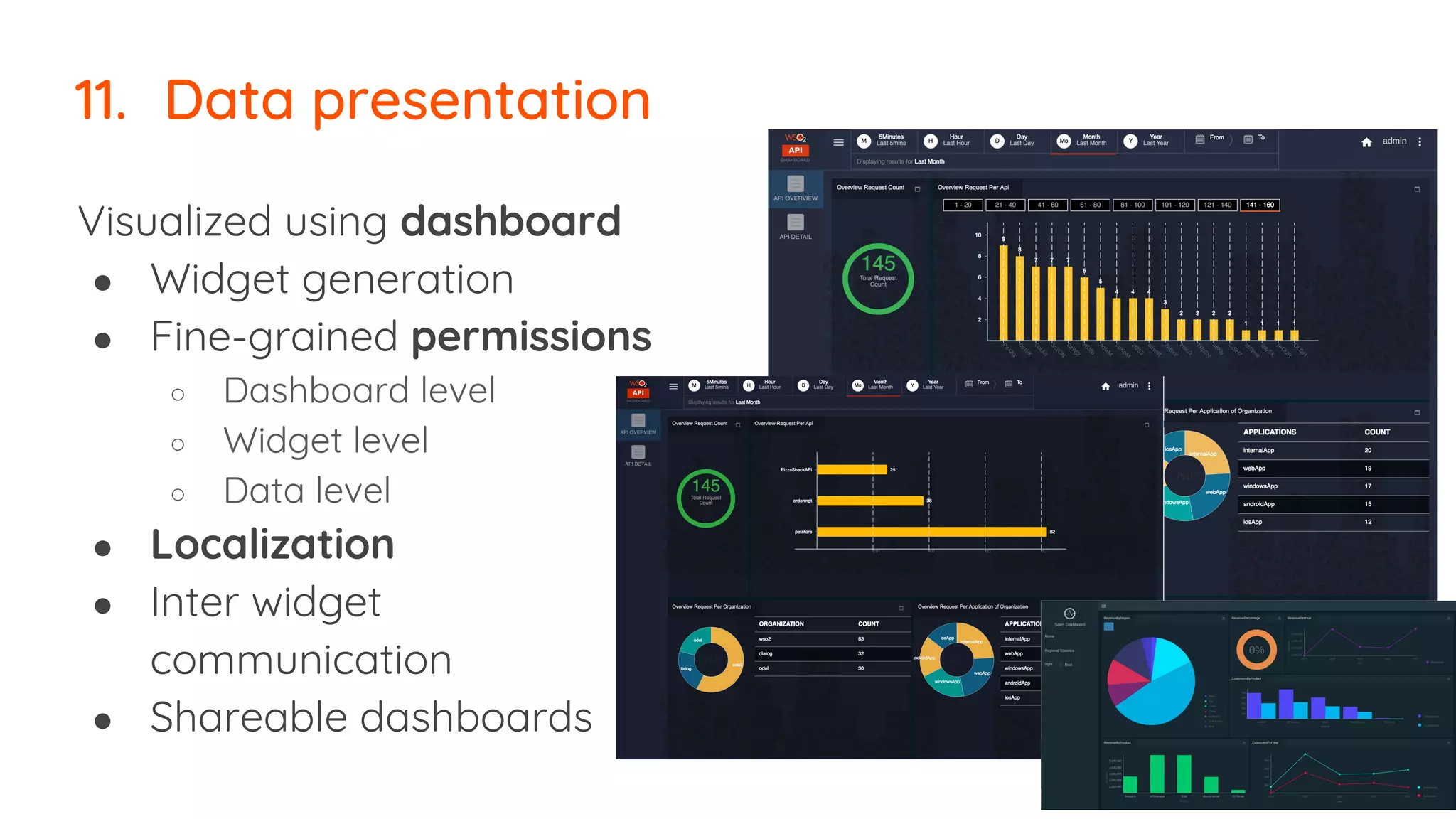 11. Data presentation
Visualized using dashboard
● Widget generation
● Fine-grained permissions
○ Dashboard level
○ Widget level
○ Data level
● Localization
● Inter widget
communication
● Shareable dashboards
 