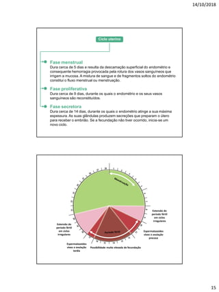 14/10/2018
15
Fase menstrual
Dura cerca de 5 dias e resulta da descamação superficial do endométrio e
consequente hemorragia provocada pela rotura dos vasos sanguíneos que
irrigam a mucosa. A mistura de sangue e de fragmentos soltos do endométrio
constitui o fluxo menstrual ou menstruação.
Fase proliferativa
Dura cerca de 9 dias, durante os quais o endométrio e os seus vasos
sanguíneos são reconstituídos.
Fase secretora
Dura cerca de 14 dias, durante os quais o endométrio atinge a sua máxima
espessura. As suas glândulas produzem secreções que preparam o útero
para receber o embrião. Se a fecundação não tiver ocorrido, inicia-se um
novo ciclo.
Ciclo uterino
Extensão do
período fértil
em ciclos
irregulares
Extensão do
período fértil
em ciclos
irregulares
Possibilidade muito elevada de fecundação
Espermatozoides
vivos e ovulação
precoce
Espermatozoides
vivos e ovulação
tardia
 