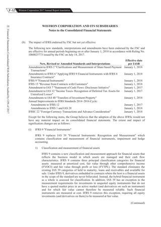 F-12 Wistron Corporation 2017 Annual Report translation
FinancialStatementsConsolidatedWithSubsidiariesAuditedbyCPAof2017
10 WISTRON CORPORATION AND ITS SUBSIDIARIES
Notes to the Consolidated Financial Statements
(b) The impact of IFRS endorsed by FSC but not yet effective
The following new standards, interpretations and amendments have been endorsed by the FSC and
are effective for annual periods beginning on or after January 1, 2018 in accordance with Ruling No.
1060025773 issued by the FSC on July 14, 2017.
New, Revised or Amended Standards and Interpretations
Effective date
per IASB
Amendment to IFRS 2 "Clarifications and Measurement of Share based Payment
Transactions"
January 1, 2018
Amendments to IFRS 4 "Applying IFRS 9 Financial Instruments with IFRS 4
Insurance Contracts"
January 1, 2018
IFRS 9 "Financial Instruments" January 1, 2018
IFRS 15 "Revenue from Contracts with Customers" January 1, 2018
Amendment to IAS 7 "Statement of Cash Flows -Disclosure Initiative" January 1, 2017
Amendment to IAS 12 "Income Taxes- Recognition of Deferred Tax Assets for
Unrealized Losses"
January 1, 2017
Amendments to IAS 40 "Transfers of Investment Property" January 1, 2018
Annual Improvements to IFRS Standards 2014–2016 Cycle:
Amendments to IFRS 12 January 1, 2017
Amendments to IFRS 1 and IAS 28 January 1, 2018
IFRIC 22 "Foreign Currency Transactions and Advance Consideration" January 1, 2018
Except for the following items, the Group believes that the adoption of the above IFRSs would not
have any material impact on its consolidated financial statements. The extent and impact of
signification changes are as follows:
(i) IFRS 9 "Financial Instruments"
IFRS 9 replaces IAS 39 "Financial Instruments: Recognition and Measurement" which
contains classification and measurement of financial instruments, impairment and hedge
accounting.
1) Classification and measurement of financial assets
IFRS 9 contains a new classification and measurement approach for financial assets that
reflects the business model in which assets are managed and their cash flow
characteristics. IFRS 9 contains three principal classification categories for financial
assets: measured at amortized cost, fair value through other comprehensive income
(FVOCI) and fair value through profit or loss (FVTPL). The standard eliminates the
existing IAS 39 categories of held to maturity, loans and receivables and available for
sale. Under IFRS 9, derivatives embedded in contracts where the host is a financial assets
in the scope of the standard are never bifurcated. Instead, the hybrid financial instrument
as a whole is assessed for classification. In addition, IAS 39 has an exception to the
measurement requirements for investments in unquoted equity instruments that do not
have a quoted market price in an active market (and derivatives on such an instrument)
and for which fair value cannot therefore be measured reliable. Such financial
instruments are measured at cost. IFRS 9 removes this exception, requiring all equity
investments (and derivatives on them) to be measured at fair value.
(Continued)
 
