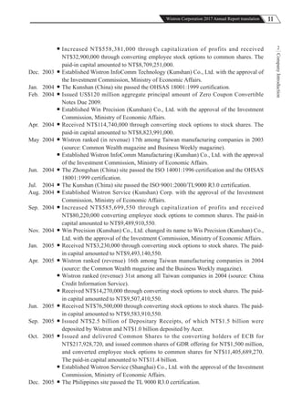 11Wistron Corporation 2017 Annual Report translation
CompanyIntroduction
2 Increased NT$558,381,000 through capitalization of profits and received
NT$32,900,000 through converting employee stock options to common shares. The
paid-in capital amounted to NT$8,709,251,000.
Dec. 2003  Established Wistron InfoComm Technology (Kunshan) Co., Ltd. with the approval of
the Investment Commission, Ministry of Economic Affairs.
Jan. 2004  The Kunshan (China) site passed the OHSAS 18001:1999 certification.
Feb. 2004  Issued US$120 million aggregate principal amount of Zero Coupon Convertible
Notes Due 2009.
 Established Win Precision (Kunshan) Co., Ltd. with the approval of the Investment
Commission, Ministry of Economic Affairs.
Apr. 2004  Received NT$114,740,000 through converting stock options to stock shares. The
paid-in capital amounted to NT$8,823,991,000.
May 2004  Wistron ranked (in revenue) 17th among Taiwan manufacturing companies in 2003
(source: Common Wealth magazine and Business Weekly magazine).
 Established Wistron InfoComm Manufacturing (Kunshan) Co., Ltd. with the approval
of the Investment Commission, Ministry of Economic Affairs.
Jun. 2004  The Zhongshan (China) site passed the ISO 14001:1996 certification and the OHSAS
18001:1999 certification.
Jul. 2004  The Kunshan (China) site passed the ISO 9001:2000/TL9000 R3.0 certification.
Aug. 2004  Established Wistron Service (Kunshan) Corp. with the approval of the Investment
Commission, Ministry of Economic Affairs.
Sep. 2004  Increased NT$585,699,550 through capitalization of profits and received
NT$80,220,000 converting employee stock options to common shares. The paid-in
capital amounted to NT$9,489,910,550.
Nov. 2004  Win Precision (Kunshan) Co., Ltd. changed its name to Wis Precision (Kunshan) Co.,
Ltd. with the approval of the Investment Commission, Ministry of Economic Affairs.
Jan. 2005  Received NT$3,230,000 through converting stock options to stock shares. The paid-
in capital amounted to NT$9,493,140,550.
Apr. 2005  Wistron ranked (revenue) 16th among Taiwan manufacturing companies in 2004
(source: the Common Wealth magazine and the Business Weekly magazine).
 Wistron ranked (revenue) 31st among all Taiwan companies in 2004 (source: China
Credit Information Service).
 Received NT$14,270,000 through converting stock options to stock shares. The paid-
in capital amounted to NT$9,507,410,550.
Jun. 2005  Received NT$76,500,000 through converting stock options to stock shares. The paid-
in capital amounted to NT$9,583,910,550.
Sep. 2005  Issued NT$2.5 billion of Depositary Receipts, of which NT$1.5 billion were
deposited by Wistron and NT$1.0 billion deposited by Acer.
Oct. 2005  Issued and delivered Common Shares to the converting holders of ECB for
NT$217,928,720, and issued common shares of GDR offering for NT$1,500 million,
and converted employee stock options to common shares for NT$11,405,689,270.
The paid-in capital amounted to NT$11.4 billion.
 Established Wistron Service (Shanghai) Co., Ltd. with the approval of the Investment
Commission, Ministry of Economic Affairs.
Dec. 2005  The Philippines site passed the TL 9000 R3.0 certification.
 