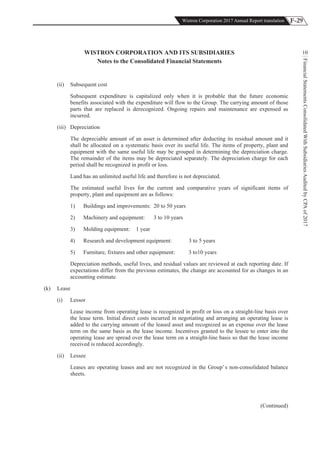 F-29Wistron Corporation 2017 Annual Report translation
FinancialStatementsConsolidatedWithSubsidiariesAuditedbyCPAof2017
10WISTRON CORPORATION AND ITS SUBSIDIARIES
Notes to the Consolidated Financial Statements
(ii) Subsequent cost
Subsequent expenditure is capitalized only when it is probable that the future economic
benefits associated with the expenditure will flow to the Group. The carrying amount of those
parts that are replaced is derecognized. Ongoing repairs and maintenance are expensed as
incurred.
(iii) Depreciation
The depreciable amount of an asset is determined after deducting its residual amount and it
shall be allocated on a systematic basis over its useful life. The items of property, plant and
equipment with the same useful life may be grouped in determining the depreciation charge.
The remainder of the items may be depreciated separately. The depreciation charge for each
period shall be recognized in profit or loss.
Land has an unlimited useful life and therefore is not depreciated.
The estimated useful lives for the current and comparative years of significant items of
property, plant and equipment are as follows:
1) Buildings and improvements: 20 to 50 years
2) Machinery and equipment: 3 to 10 years
3) Molding equipment: 1 year
4) Research and development equipment: 3 to 5 years
5) Furniture, fixtures and other equipment: 3 to10 years
Depreciation methods, useful lives, and residual values are reviewed at each reporting date. If
expectations differ from the previous estimates, the change are accounted for as changes in an
accounting estimate.
(k) Lease
(i) Lessor
Lease income from operating lease is recognized in profit or loss on a straight-line basis over
the lease term. Initial direct costs incurred in negotiating and arranging an operating lease is
added to the carrying amount of the leased asset and recognized as an expense over the lease
term on the same basis as the lease income. Incentives granted to the lessee to enter into the
operating lease are spread over the lease term on a straight-line basis so that the lease income
received is reduced accordingly.
(ii) Lessee
Leases are operating leases and are not recognized in the Group’s non-consolidated balance
sheets.
(Continued)
 