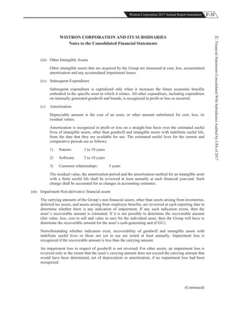 F-31Wistron Corporation 2017 Annual Report translation
FinancialStatementsConsolidatedWithSubsidiariesAuditedbyCPAof2017
10WISTRON CORPORATION AND ITS SUBSIDIARIES
Notes to the Consolidated Financial Statements
(iii) Other Intangible Assets
Other intangible assets that are acquired by the Group are measured at cost, less, accumulated
amortization and any accumulated impairment losses.
(iv) Subsequent Expenditure
Subsequent expenditure is capitalized only when it increases the future economic benefits
embodied in the specific asset to which it relates. All other expenditure, including expenditure
on internally generated goodwill and brands, is recognized in profit or loss as incurred.
(v) Amortization
Depreciable amount is the cost of an asset, or other amount substituted for cost, less, its
residual values.
Amortization is recognized in profit or loss on a straight-line basis over the estimated useful
lives of intangible assets, other than goodwill and intangible assets with indefinite useful life,
from the date that they are available for use. The estimated useful lives for the current and
comparative periods are as follows:
1) Patents: 3 to 10 years
2) Software: 3 to 10 years
3) Customer relationships: 5 years
The residual value, the amortization period and the amortization method for an intangible asset
with a finite useful life shall be reviewed at least annually at each financial year-end. Such
change shall be accounted for as changes in accounting estimates.
(m) Impairment-Non-derivative financial assets
The carrying amounts of the Group’s non financial assets, other than assets arising from inventories,
deferred tax assets, and assets arising from employee benefits, are reviewed at each reporting date to
determine whether there is any indication of impairment. If any such indication exists, then the
asset’s recoverable amount is estimated. If it is not possible to determine the recoverable amount
(fair value, less, cost to sell and value in use) for the individual asset, then the Group will have to
determine the recoverable amount for the asset’s cash-generating unit (CGU).
Notwithstanding whether indicators exist, recoverability of goodwill and intangible assets with
indefinite useful lives or those not yet in use are tested at least annually. Impairment loss is
recognized if the recoverable amount is less than the carrying amount
An impairment loss in respect of goodwill is not reversed. For other assets, an impairment loss is
reversed only to the extent that the asset’s carrying amount does not exceed the carrying amount that
would have been determined, net of depreciation or amortization, if no impairment loss had been
recognized.
(Continued)
 