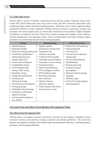 26 Wistron Corporation 2017 Annual Report translation
CompanyIntroduction
2 2.7.3 After-sales service
Wistron offers a variety of flexible, customized service business models. Programs such as hub-
to-hub FRU (field replaceable unit) swap, hub-to-ASP, and CRU (customer replaceable unit)
complement depot options and other related programs. After-sales service teams support products
produced by Wistron or other companies. Wistron possesses extensive experience working with
customers’ own service/repair teams, as well as their outsourced service partners. Highly integrated
IT platforms are linked to all levels of the service chain to manage the complex reverse logistics,
material management, and reporting systems. Service documentation and repair training support
customers’ own internal and channel service training programs.
Design Manufacturing After-sales service
• Industrial design
• Prototype building
• PCB circuit design and layout
• Certification qualification
testing and processing
(agency approvals)
• Circuit test development
• Compatibility testing
• Environmental stress
testing / EMC testing
• Reliability testing
• Component qualification
• Electrical and
Mechanical design
• Functional test development
• Packaging design
• Embedded software design
• Component certification/
approval meeting
environmental regulations
(e.g. RoHS)
• Supplier quality/
performance management
• Component and
subsystem assembly
• Lead-free PCB assembly
• Automatic optical inspector
• Automatic in-circuit testing
• Functional testing
• System manufacturing
• CTO (configure-to-order)
• BTO (build-to-order)
• Real time production
data collection
• Material /process
laboratory analysis
• Failure analysis and closed
loop corrective action
• Product life cycle planning
• Hub management
• Asset recovery
• Life-time buy component
management
• Service traffic planning
• Refurbishment
• Returns processing
• Customized report
development
• Electronic Data Exchange
• Upgrades
• Warranty repair
• All levels of repair support
and management
2.8 Long-Term and Short-Term Business Development Plans
2.8.1 Short-Term Development Plan
Wistron aims to strengthen customer satisfaction, provide the best quality, strengthen current
customer relations, and optimize existing customers and product portfolios. The short-term
business development indicators will include improving operational efficiency, increasing capacity
utilization, and boosting profitability.
 