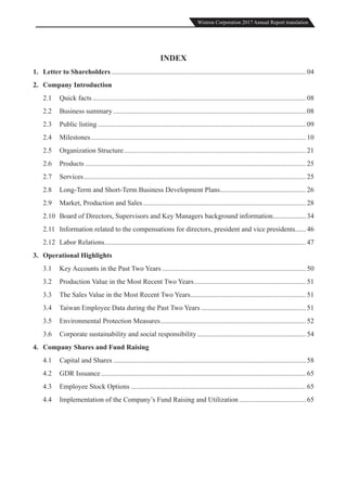 Wistron Corporation 2017 Annual Report translation
INDEX
1. Letter to Shareholders ............................................................................................................... 04
2. Company Introduction
2.1 Quick facts.......................................................................................................................... 08
2.2 Business summary .............................................................................................................. 08
2.3 Public listing ....................................................................................................................... 09
2.4 Milestones........................................................................................................................... 10
2.5 Organization Structure........................................................................................................ 21
2.6 Products .............................................................................................................................. 25
2.7 Services............................................................................................................................... 25
2.8 Long-Term and Short-Term Business Development Plans................................................. 26
2.9 Market, Production and Sales............................................................................................. 28
2.10 Board of Directors, Supervisors and Key Managers background information................... 34
2.11 Information related to the compensations for directors, president and vice presidents...... 46
2.12 Labor Relations................................................................................................................... 47
3. Operational Highlights
3.1 Key Accounts in the Past Two Years .................................................................................. 50
3.2 Production Value in the Most Recent Two Years................................................................ 51
3.3 The Sales Value in the Most Recent Two Years.................................................................. 51
3.4 Taiwan Employee Data during the Past Two Years ............................................................ 51
3.5 Environmental Protection Measures................................................................................... 52
3.6 Corporate sustainability and social responsibility .............................................................. 54
4. Company Shares and Fund Raising
4.1 Capital and Shares .............................................................................................................. 58
4.2 GDR Issuance ..................................................................................................................... 65
4.3 Employee Stock Options .................................................................................................... 65
4.4 Implementation of the Company’s Fund Raising and Utilization ...................................... 65
 