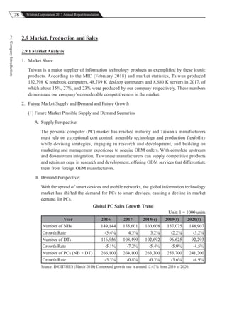 28 Wistron Corporation 2017 Annual Report translation
CompanyIntroduction
2 2.9 Market, Production and Sales
2.9.1 Market Analysis
1. Market Share
Taiwan is a major supplier of information technology products as exemplified by these iconic
products. According to the MIC (February 2018) and market statistics, Taiwan produced
132,398 K notebook computers, 48,789 K desktop computers and 8,680 K servers in 2017, of
which about 15%, 27%, and 23% were produced by our company respectively. These numbers
demonstrate our company’s considerable competitiveness in the market.
2. Future Market Supply and Demand and Future Growth
(1) Future Market Possible Supply and Demand Scenarios
A. Supply Perspective:
The personal computer (PC) market has reached maturity and Taiwan’s manufacturers
must rely on exceptional cost control, assembly technology and production flexibility
while devising strategies, engaging in research and development, and building on
marketing and management experience to acquire OEM orders. With complete upstream
and downstream integration, Taiwanese manufacturers can supply competitive products
and retain an edge in research and development, offering ODM services that differentiate
them from foreign OEM manufacturers.
B. Demand Perspective:
With the spread of smart devices and mobile networks, the global information technology
market has shifted the demand for PCs to smart devices, causing a decline in market
demand for PCs.
Global PC Sales Growth Trend
Unit: 1 = 1000 units
Year 2016 2017 2018(e) 2019(f) 2020(f)
Number of NBs 149,144 155,601 160,608 157,075 148,907
Growth Rate -5.4% 4.3% 3.2% -2.2% -5.2%
Number of DTs 116,956 108,499 102,692 96,625 92,293
Growth Rate -5.1% -7.2% -5.4% -5.9% -4.5%
Number of PCs (NB + DT) 266,100 264,100 263,300 253,700 241,200
Growth Rate -5.3% -0.8% -0.3% -3.6% -4.9%
Source: DIGITIMES (March 2018) Compound growth rate is around -2.43% from 2016 to 2020.
 