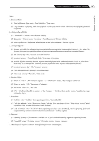73Wistron Corporation 2017 Annual Report translation
FinancialStanding
5Note :
1. Financial Ratio
(1) Total liabilities to Total assets＝Total liabilities／Total assets
(2) Long-term fund to property, plant and equipment＝(Net equity＋Non-current liabilities)／Net property, plant and
equipment
2. Ability to Pay off Debt
(1) Current ratio＝Current Assets／Current liability
(2) Quick ratio＝(Current assets－Inventory－Prepaid expenses)／Current liability
(3) Interest protection＝Net income before income tax and interest expense／Interest expense
3. Ability to Operate
(1) Account receivable (including account receivable and notes receivable from operation) turnover＝Net sales／the
Average of account receivable (including account receivable and notes receivable from operation) balance
(2) A/R turnover day＝365／account receivable turnover
(3) Inventory turnover＝Cost of Goods Sold／the average of inventory
(4) Account payable (including account payable and notes payable from operation)turnover＝Cost of goods sold／
the average of account payable (including account payable and notes payable from operation) balance
(5) Inventory turnover day＝365／Inventory turnover
(6) Fixed assets turnover＝Net sales／Net Fixed Assets
(7) Total assets turnover＝Net sales／Total assets
4. Earning Ability
(1) Return on assets＝［PAT＋Interest expense × (1－effective tax rate)］／the average of total assets
(2) Return on equity＝PAT／the average of net equity
(3) Net income ratio＝PAT／Net sates　
(4) EPS ＝(Profit attributable to owners of the Company－ Dividend from prefer stock)／weighted average
outstanding shares
5. Cash Flow
(1) Cash flow ratio＝Cash flow from operating activities／Current liability
(2) Cash flow adequacy ratio＝Most recent 5-year Cash flow from operating activities／Most recent 5-year (Capital
expenditure＋the increase of inventory＋cash dividend)　
(3) Cash investment ratio＝(Cash flow from operating activities－cash dividend) ／(Gross property, plant and
equipment＋long-term investment＋other non-current assets＋working capital)
6. Leverage
(1) Operating leverage＝(Nest revenue－variable cost of goods sold and operating expense)／operating income
(2) Financial leverage＝Operating income／(Operating income－interest expenses)
7. The analysis of negative cash flow from operating activities is meaningless.
 