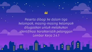 “Peserta dibagi ke dalam tiga
kelompok, masing-masing kelompok
ditugaskan untuk melakukan
identifikasi karakteristik pelanggan
Lembar Kerja 3.4.1
21
 