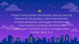 “Peserta tetap dalam kelompok, masing-masing
kelompok ditugaskan untuk merumuskan
strategi pelayanan pelanggan berdasarkan
hasil analisis terhadap karakteristik
pelanggan. Fasilitasi diskusi menggunakan
Lembar Kerja 3.4.2
28
 