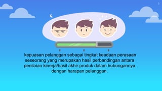 5
kepuasan pelanggan sebagai tingkat keadaan perasaan
seseorang yang merupakan hasil perbandingan antara
penilaian kinerja/hasil akhir produk dalam hubungannya
dengan harapan pelanggan.
 