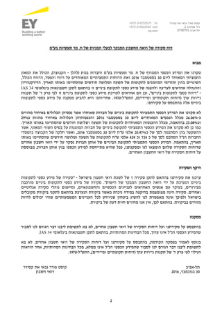 2
‫בע"מ‬ ‫תעשיות‬ ‫מר‬ .‫ח‬ ‫של‬ ‫המניות‬ ‫לבעלי‬ ‫המבקר‬ ‫החשבון‬ ‫רואה‬ ‫של‬ ‫סקירה‬ ‫דוח‬
‫מבוא‬
‫(להלן‬ ‫בנות‬ ‫וחברות‬ ‫בע"מ‬ ‫תעשיות‬ ‫מר‬ .‫ח‬ ‫של‬ ‫המצורף‬ ‫הכספי‬ ‫המידע‬ ‫את‬ ‫סקרנו‬-‫המאזן‬ ‫את‬ ‫הכולל‬ ,)‫הקבוצה‬
‫ליום‬ ‫המאוחד‬ ‫התמציתי‬30‫ב‬‫ספטמבר‬2016‫וא‬‫ו‬ ‫רווח‬ ‫על‬ ‫המאוחדים‬ ‫התמציתיים‬ ‫הדוחות‬ ‫ת‬,‫הכולל‬ ‫הרווח‬ ,‫הפסד‬
‫לתקופ‬ ‫המזומנים‬ ‫ותזרימי‬ ‫בהון‬ ‫השינויים‬‫ות‬‫של‬‫תשעה‬‫ו‬‫שהסתיימ‬ ‫חודשים‬ ‫שלושה‬‫ו‬‫הדירקטוריון‬ .‫תאריך‬ ‫באותו‬
‫ביניים‬ ‫לתקופת‬ ‫כספי‬ ‫מידע‬ ‫של‬ ‫ולהצגה‬ ‫לעריכה‬ ‫אחראים‬ ‫וההנהלה‬‫זו‬‫בינלאומי‬ ‫חשבונאות‬ ‫לתקן‬ ‫בהתאם‬34IAS
-‫כספי‬ ‫מידע‬ ‫לעריכת‬ ‫אחראים‬ ‫הם‬ ‫וכן‬ ,"‫ביניים‬ ‫לתקופות‬ ‫כספי‬ ‫"דיווח‬‫זו‬ ‫ביניים‬ ‫לתקופת‬‫תקנות‬ ‫של‬ '‫ד‬ ‫פרק‬ ‫לפי‬
)‫ומיידיים‬ ‫תקופתיים‬ ‫(דוחות‬ ‫ערך‬ ‫ניירות‬‫התש"ל‬ ,-1970‫כספי‬ ‫מידע‬ ‫על‬ ‫מסקנה‬ ‫להביע‬ ‫היא‬ ‫אחריותנו‬ .‫לתקופ‬‫ו‬‫ת‬
‫ביניים‬‫אלה‬.‫סקירתנו‬ ‫על‬ ‫בהתבסס‬
‫לא‬‫סקרנו‬‫את‬‫ביניים‬ ‫לתקופת‬ ‫התמציתי‬ ‫הכספי‬ ‫המידע‬‫מהווים‬ ‫באיחוד‬ ‫הכלולים‬ ‫נכסיהן‬ ‫אשר‬ ‫שאוחדו‬ ‫חברות‬ ‫של‬
‫כ‬-26.06%‫מכ‬‫המאוחדים‬ ‫הנכסים‬ ‫לל‬‫ליום‬30‫ב‬‫ספטמבר‬2016‫מהוות‬ ‫באיחוד‬ ‫הכלולות‬ ‫והכנסותיהן‬‫כ‬29%
‫וכ‬25.08%,‫בהתאמה‬‫המאוחדות‬ ‫ההכנסות‬ ‫מכלל‬‫לתקופ‬‫ות‬‫של‬‫תשעה‬‫ו‬‫שהסתיימ‬ ‫חודשים‬ ‫שלושה‬‫ו‬.‫תאריך‬ ‫באותו‬
‫בסיס‬ ‫על‬ ‫המוצגות‬ ‫חברות‬ ‫של‬ ‫ביניים‬ ‫לתקופת‬ ‫התמציתי‬ ‫הכספי‬ ‫המידע‬ ‫את‬ ‫סקרנו‬ ‫לא‬ ‫כן‬ ‫כמו‬‫השווי‬‫אשר‬ ,‫המאזני‬
‫ההשקעה‬‫בהן‬‫הסתכמה‬‫לסך‬‫של‬‫כ‬20.97%‫אלפי‬‫ש‬"‫ח‬‫ליום‬30‫ב‬‫ספטמבר‬2016,‫ואשר‬‫חלקה‬‫הקבוצה‬ ‫של‬‫בהפסדי‬
‫החברות‬‫הנ‬"‫ל‬‫הסתכם‬‫לסך‬‫של‬‫כ‬724‫וכ‬429‫א‬‫לפי‬‫ש‬"‫ח‬‫לתקופ‬‫ות‬‫של‬‫תשעה‬‫ו‬‫שלושה‬‫חודשים‬‫שהסתיימ‬‫ו‬‫באותו‬
‫תאריך‬‫בהתאמה‬ ,‫אחרים‬ ‫חשבון‬ ‫רואי‬ ‫ידי‬ ‫על‬ ‫נסקר‬ ‫חברות‬ ‫אותן‬ ‫של‬ ‫הביניים‬ ‫לתקופת‬ ‫התמציתי‬ ‫הכספי‬ ‫המידע‬ .
‫שדוחות‬‫מבוססת‬ ,‫חברות‬ ‫אותן‬ ‫בגין‬ ‫הכספי‬ ‫למידע‬ ‫מתייחסת‬ ‫שהיא‬ ‫ככל‬ ,‫ומסקנתנו‬ ‫לנו‬ ‫הומצאו‬ ‫שלהם‬ ‫הסקירה‬
.‫האחרים‬ ‫החשבון‬ ‫רואי‬ ‫של‬ ‫הסקירה‬ ‫דוחות‬ ‫על‬
‫הסקירה‬ ‫היקף‬
‫סקירה‬ ‫לתקן‬ ‫בהתאם‬ ‫סקירתנו‬ ‫את‬ ‫ערכנו‬1‫בישראל‬ ‫חשבון‬ ‫רואי‬ ‫לשכת‬ ‫של‬-‫לתקופות‬ ‫כספי‬ ‫מידע‬ ‫של‬ ‫"סקירה‬
‫רוא‬ ‫ידי‬ ‫על‬ ‫הנערכת‬ ‫ביניים‬‫מורכבת‬ ‫ביניים‬ ‫לתקופות‬ ‫כספי‬ ‫מידע‬ ‫של‬ ‫סקירה‬ ."‫הישות‬ ‫של‬ ‫המבקר‬ ‫החשבון‬ ‫ה‬
‫נ‬ ‫ומיישום‬ ,‫והחשבונאיים‬ ‫הכספיים‬ ‫לעניינים‬ ‫האחראים‬ ‫אנשים‬ ‫עם‬ ‫בעיקר‬ ,‫מבירורים‬‫ו‬‫אנליטיים‬ ‫סקירה‬ ‫הלי‬
‫מקובלים‬ ‫ביקורת‬ ‫לתקני‬ ‫בהתאם‬ ‫הנערכת‬ ‫ביקורת‬ ‫מאשר‬ ‫ניכרת‬ ‫במידה‬ ‫בהיקפה‬ ‫מצומצמת‬ ‫הינה‬ ‫סקירה‬ .‫ואחרים‬
‫בישרא‬‫להיות‬ ‫יכולים‬ ‫שהיו‬ ‫המשמעותיים‬ ‫העניינים‬ ‫לכל‬ ‫שניוודע‬ ‫ביטחון‬ ‫להשיג‬ ‫לנו‬ ‫מאפשרת‬ ‫אינה‬ ‫ולפיכך‬ ‫ל‬
.‫ביקורת‬ ‫של‬ ‫דעת‬ ‫חוות‬ ‫מחווים‬ ‫אנו‬ ‫אין‬ ,‫לכך‬ ‫בהתאם‬ .‫בביקורת‬ ‫מזוהים‬
‫מסקנה‬
‫לסבור‬ ‫לנו‬ ‫הגורם‬ ‫דבר‬ ‫ליבנו‬ ‫לתשומת‬ ‫בא‬ ‫לא‬ ,‫אחרים‬ ‫חשבון‬ ‫רואי‬ ‫של‬ ‫הסקירה‬ ‫דוחות‬ ‫ועל‬ ‫סקירתנו‬ ‫על‬ ‫בהתבסס‬
‫בינלאומי‬ ‫חשבונאות‬ ‫לתקן‬ ‫בהתאם‬ ,‫המהותיות‬ ‫הבחינות‬ ‫מכל‬ ,‫ערוך‬ ‫אינו‬ ‫הנ"ל‬ ‫הכספי‬ ‫שהמידע‬34IAS.
‫חשב‬ ‫רואי‬ ‫של‬ ‫הסקירה‬ ‫דוחות‬ ‫ועל‬ ‫סקירתנו‬ ‫על‬ ‫בהתבסס‬ ,‫הקודמת‬ ‫בפסקה‬ ‫לאמור‬ ‫בנוסף‬‫בא‬ ‫לא‬ ,‫אחרים‬ ‫ון‬
‫הוראות‬ ‫אחר‬ ,‫המהותיות‬ ‫הבחינות‬ ‫מכל‬ ,‫ממלא‬ ‫אינו‬ ‫הנ"ל‬ ‫הכספי‬ ‫שהמידע‬ ‫לסבור‬ ‫לנו‬ ‫הגורם‬ ‫דבר‬ ‫ליבנו‬ ‫לתשומת‬
‫התש"ל‬ ,)‫ומיידיים‬ ‫תקופתיים‬ ‫(דוחות‬ ‫ערך‬ ‫ניירות‬ ‫תקנות‬ ‫של‬ '‫ד‬ ‫פרק‬ ‫לפי‬ ‫הגילוי‬-1970.
‫תל‬-‫אביב‬‫קסירר‬ ‫את‬ ‫גבאי‬ ‫פורר‬ ‫קוסט‬
30‫ב‬‫נובמבר‬,2016‫חשבון‬ ‫רואי‬
‫קסירר‬ ‫את‬ ‫גבאי‬ ‫פורר‬ ‫קוסט‬
‫רח‬'‫עמינדב‬3,
‫תל‬-‫אביב‬6706703
.‫טל‬972-3-6232525+
‫פקס‬+972-3-5622555
ey.com
 