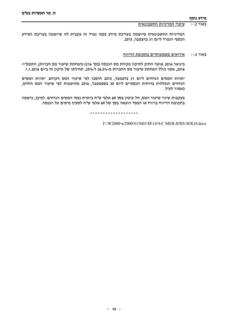 ‫תעשיות‬ ‫מר‬ .‫ח‬‫בע"מ‬
‫נוסף‬ ‫מידע‬
-- 10
‫באור‬2:-‫עיקרי‬‫המדיניות‬‫החשבונאית‬
‫המידע‬ ‫בעריכת‬ ‫שיושמה‬ ‫לזו‬ ‫עקבית‬ ‫זה‬ ‫נפרד‬ ‫כספי‬ ‫מידע‬ ‫בעריכת‬ ‫שיושמה‬ ‫החשבונאית‬ ‫המדיניות‬
‫ליום‬ ‫הנפרד‬ ‫הכספי‬31,‫בדצמבר‬2015.
‫באור‬3:-‫אירועים‬‫משמעותיים‬‫הדיווח‬ ‫בתקופת‬
‫בינואר‬2016'‫(מס‬ ‫הכנסה‬ ‫מס‬ ‫פקודת‬ ‫לתיקון‬ ‫החוק‬ ‫אושר‬216‫מס‬ ‫שיעור‬ ‫(הפחתת‬ )‫התשע"ו‬ ,)‫חברות‬-
2016‫מ‬ ‫החברות‬ ‫מס‬ ‫שיעור‬ ‫הפחתת‬ ‫כולל‬ ‫אשר‬ ,-26.5%‫ל‬-25%‫ביום‬ ‫זה‬ ‫תיקון‬ ‫של‬ ‫תחילתו‬ .1.1.2016.
‫ליום‬ ‫הנדחים‬ ‫המסים‬ ‫יתרות‬31‫בדצמבר‬,2015‫המסים‬ ‫יתרות‬ .‫הקודם‬ ‫המס‬ ‫שיעור‬ ‫לפי‬ ‫חושבו‬
‫ליום‬ ‫הכספיים‬ ‫בדוחות‬ ‫הנכללות‬ ‫הנדחים‬30‫בספטמבר‬,2016‫המס‬ ‫שיעור‬ ‫לפי‬ ‫מחושבות‬,‫החדש‬
.‫לעיל‬ ‫כאמור‬
‫בסך‬ ‫קיטון‬ ‫חל‬ ,‫המס‬ ‫שיעור‬ ‫שינוי‬ ‫בעקבות‬69‫נרשמה‬ ,‫לפיכך‬ .‫הנדחים‬ ‫המסים‬ ‫נכסי‬ ‫ביתרת‬ ‫ש"ח‬ ‫אלפי‬
‫ב‬‫תקופת‬‫של‬ ‫בסך‬ ‫הוצאה‬ ‫הפסד‬ ‫או‬ ‫ברווח‬ ‫הדיווח‬69"‫ש‬ ‫אלפי‬‫ח‬.‫הכנסה‬ ‫על‬ ‫מיסים‬ ‫לסעיף‬
-------------------
F:W2000w2000915603M169-C MER-IFRS-SOLO.docx
 