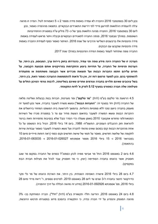 6
‫ליום‬ ‫נכון‬30‫בספטמבר‬2016‫לא‬ ‫החברה‬‫באמ‬ ‫עמדה‬‫ו‬‫מספר‬ ‫מידה‬ ‫ת‬2‫ו‬-5‫האמו‬‫רות‬‫מהווה‬ ‫זו‬ ‫הפרה‬ .‫לעיל‬
‫נכון‬ ,‫כאמור‬ ‫מההפרה‬ ‫כתוצאה‬ .‫הבנקאיים‬ ‫התאגידים‬ ‫דרישת‬ ‫לפי‬ ‫מיידי‬ ‫לפירעון‬ ‫ההלוואות‬ ‫להעמדת‬ ‫עילה‬
‫ליום‬30‫בספטמבר‬2016‫של‬ ‫בסך‬ ‫הלוואות‬ ‫מציגה‬ ‫החברה‬ ,‫כ‬-73‫ההתחייבויות‬ ‫במסגרת‬ ‫ש"ח‬ ‫מיליון‬
‫במהלך‬ .‫השוטפות‬‫נובמבר‬2016‫באמ‬ ‫לעמידה‬ ‫מראש‬ ‫ויתור‬ ‫וקיבלה‬ ‫הבנקאיים‬ ‫לתאגידים‬ ‫החברה‬ ‫פנתה‬ ,‫ו‬‫ת‬
‫פיננסי‬ ‫מידה‬‫ו‬‫ת‬‫אלו‬‫ברבעו‬‫נים‬‫השלישי‬‫והרביעי‬‫ש‬‫ל‬‫שנת‬2016.‫באמות‬ ‫החברה‬ ‫לעמידת‬ ‫כפוף‬ ‫כאמור‬ ‫הוויתור‬
‫פיננסיות‬ ‫מידה‬.‫הבנקים‬ ‫עם‬ ‫שנקבעו‬
‫שת‬ ‫צופה‬ ‫החברה‬‫ל‬ ‫חזור‬‫הפיננסיות‬ ‫המידה‬ ‫באמות‬ ‫עמוד‬‫במהלך‬‫שנת‬2017.
‫הערכה‬‫הינה‬ ‫החברה‬ ‫של‬ ‫זו‬‫ערך‬ ‫ניירות‬ ‫בחוק‬ ‫כהגדרתו‬ ,‫עתיד‬ ‫פני‬ ‫צופה‬ ‫מידע‬,‫המבוסס‬,‫היתר‬ ‫בין‬ ,‫על‬
‫אותם‬ ‫בפרויקטים‬ ‫והתקדמות‬ ‫ביצוע‬ ‫תחזיות‬ ‫על‬ ,‫החברה‬ ‫של‬ ‫פנימיות‬ ‫הערכות‬‫מבצעת‬‫ה‬‫על‬ ,‫קבוצה‬
‫הבנות‬ ‫החברות‬ ‫חתמו‬ ‫עליהם‬ ‫חוזים‬‫ו‬‫מתעתדת‬ ‫או‬ ‫משתתפת‬ ‫הקבוצה‬ ‫אשר‬ ‫מכרזים‬ ‫תוצאות‬ ‫על‬
‫נכ‬ .‫בהם‬ ‫להשתתף‬‫זה‬ ‫דוח‬ ‫פרסום‬ ‫למועד‬ ‫ון‬,‫ודאות‬ ‫כל‬ ‫אין‬‫כאמור‬ ‫ההערכה‬ ‫להתממשות‬‫וזאת‬,‫היתר‬ ‫בין‬,
‫בש‬‫ל‬‫בשליטת‬ ‫שאינם‬ ‫אחרים‬ ‫וגורמים‬ ‫בחברה‬ ‫תלויים‬ ‫שאינם‬ ‫עיכובים‬‫על‬ ‫החלים‬ ‫הסיכון‬ ‫גורמי‬ ‫לרבות‬ ,‫ה‬
‫בסעיף‬ ‫כמפורט‬ ‫חברה‬ ‫שלה‬ ‫פעילותה‬5.12‫התקופתי‬ ‫לדוח‬ '‫א‬ ‫לפרק‬.
4.5‫בע"מ‬ ‫טלקום‬ ‫מר‬ ‫הרשעת‬" :‫(להלן‬‫מר‬‫טלקום‬)"‫מלאה‬ ‫ושליטה‬ ‫בבעלות‬ ‫בנות‬ ‫חברות‬ ,‫מערכות‬ ‫ומר‬
‫(להלן‬ ‫החברה‬ ‫של‬‫יחד‬‫בסעיף‬‫זה‬" :‫הבנות‬ ‫החברות‬‫בחברה‬ ‫לשעבר‬ ‫משרה‬ ‫ונושא‬ )",‫זה‬ ‫למועד‬ ‫נכון‬ ‫אשר‬
‫בחברה‬ ‫מועסק‬‫ניהוליות‬ ‫סמכויות‬ ‫ללא‬ ‫טכני‬ ‫כיועץ‬.‫את‬ ‫בירושלים‬ ‫המחוזי‬ ‫המשפט‬ ‫בית‬ ‫להרשעת‬ ‫בהמשך‬
‫ונושא‬ ‫הבנות‬ ‫החברות‬‫לשעבר‬ ‫המשרה‬‫השירות‬ ‫של‬ ‫מכרז‬ ‫במסגרת‬ '‫ג‬ ‫צד‬ ‫עם‬ ‫מחיר‬ ‫הצעות‬ ‫בתיאום‬
‫אוקטובר‬ ‫מחודש‬ ‫המטאורולוגי‬2010‫בניגוד‬ ‫וזאת‬ ‫מחמירות‬ ‫בנסיבות‬ ‫שלא‬ ‫כובל‬ ‫הסדר‬ ‫כדי‬ ‫שעולה‬ ‫באופן‬
‫התשמ"ח‬ ,‫העסקיים‬ ‫ההגבלים‬ ‫חוק‬ ‫להוראות‬-1988,‫ביום‬14‫ביולי‬2016,‫הטיל‬‫כל‬ ‫על‬ ‫המשפט‬ ‫בית‬
‫שאינו‬ ‫בסכום‬ ‫קנס‬ ‫הבנות‬ ‫מהחברות‬ ‫אחת‬‫ועל‬ ‫לחברה‬ ‫מהותי‬‫לשעבר‬ ‫המשרה‬ ‫נושא‬‫שירות‬ ‫עבודות‬ ‫כאמור‬
‫כספי‬ ‫וקנס‬ ‫חודשים‬ ‫שישה‬ ‫של‬ ‫תנאי‬ ‫על‬ ‫מאסר‬ ,‫חודשים‬ ‫שלושה‬ ‫של‬ ‫לתקופה‬‫דוח‬ ‫(ראה‬‫ות‬‫מיידי‬‫ים‬‫מיום‬10
‫בפברואר‬2016‫ו‬-15‫ביולי‬2016‫אסמכתא‬ ‫מספר‬2016-01-026527‫ו‬-2016-01-083035,
‫בהתאמה‬).
4.6‫ביום‬2‫באוגוסט‬2016‫שגב‬ ‫מר‬ ‫במקום‬ ‫החברה‬ ‫של‬ ‫כספים‬ ‫כסמנכ"ל‬ ‫לכהן‬ ‫ממיה‬ ‫אבישי‬ ‫מר‬ ‫החל‬
‫חוסטיק‬‫הסתיימה‬ ‫בחברה‬ ‫כהונתו‬ ‫אשר‬‫חוסטיק‬ ‫מר‬ ‫כי‬ ,‫(יצוין‬‫עבר‬‫ל‬‫פעילות‬ ‫את‬ ‫נהל‬‫הבת‬ ‫חברת‬
.)‫במקסיקו‬
4.7‫ביום‬28‫ביולי‬2016‫פקר‬ ‫נלי‬ ‫מר‬ ‫של‬ ‫כהונתו‬ ‫הארכת‬ ‫את‬ ,‫היתר‬ ‫בין‬ ,‫השנתית‬ ‫האסיפה‬ ‫אישרה‬
‫ל‬ ‫בחברה‬ ‫חיצוני‬ ‫כדירקטור‬-3‫ליום‬ ‫עד‬ ‫שנים‬28‫באוגוסט‬2019‫מיום‬ ‫מיידי‬ ‫דיווח‬ '‫ר‬ ,‫נוספים‬ ‫לפרטים‬ .28
‫ביולי‬2016‫אסמכתא‬ '‫מס‬ ,2016-01-092926)‫ההפניה‬ ‫דרך‬ ‫על‬ ‫הכללה‬ ‫מהווה‬ ‫זה‬ ‫(מידע‬.
4.8‫ביום‬24‫באוגוסט‬2016,‫הודיעה‬‫חלל‬-‫תקשורת‬‫בע‬"‫מ‬(‫להלן‬"‫חלל‬,)"‫חברה‬‫המוחזקת‬‫בכ‬-3%
‫מהונה‬‫המונפק‬‫והנפרע‬‫על‬‫ידי‬‫חברה‬‫נכדה‬,‫כי‬‫התקשרה‬‫בהסכם‬‫מיזוג‬‫במסגרתו‬‫תרכוש‬‫הרוכשת‬,
 