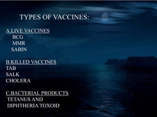 TYPES OF VACCINES:
A.LIVE VACCINES
BCG
MMR
SABIN
B.KILLED VACCINES
TAB
SALK
CHOLERA
C.BACTERIAL PRODUCTS
TETANUS AND
DIPHTHERIA TOXOID
 
