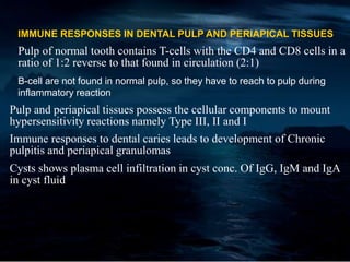 IMMUNE RESPONSES IN DENTAL PULP AND PERIAPICAL TISSUES
Pulp of normal tooth contains T-cells with the CD4 and CD8 cells in a
ratio of 1:2 reverse to that found in circulation (2:1)
B-cell are not found in normal pulp, so they have to reach to pulp during
inflammatory reaction
Pulp and periapical tissues possess the cellular components to mount
hypersensitivity reactions namely Type III, II and I
Immune responses to dental caries leads to development of Chronic
pulpitis and periapical granulomas
Cysts shows plasma cell infiltration in cyst conc. Of IgG, IgM and IgA
in cyst fluid
 
