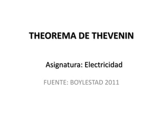 THEOREMA DE THEVENIN
FUENTE: BOYLESTAD 2011
Asignatura: Electricidad
 