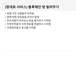 (맘대로 서비스) 블록체인 방 빌려주기
• 방을 가진 사람들이 모여듬
• 방에 대한 정보들을 모아서 알림
• 투숙객들이 묵어보고 방을 평가하기 시작함
• 지역주민들이 지역 정보를 연결하기 시작함
• 자영업자들도 광고를 시작함
 