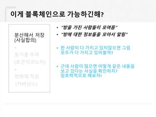 이게 블록체인으로 가능하긴해?
• “방을 가진 사람들이 모여듬”
• “방에 대한 정보들을 모아서 알림”
• 한 사람이 다 가지고 있지않으면 그럼
모두가 다 가지고 있어볼까?
• 근데 사람이 많으면 어떻게 같은 내용을
보고 있다는 사실을 확인하지?
암호학적으로 해보자!
분산해서 저장
(사실합의)
+
동기를 부여
(토큰이코노미)
+
변화에 적응
(거버넌스)
 