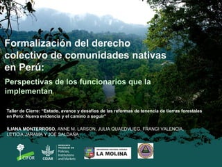 Formalización del derecho
colectivo de comunidades nativas
en Perú:
Perspectivas de los funcionarios que la
implementan
ILIANA MONTERROSO, ANNE M. LARSON, JULIA QUAEDVLIEG, FRANGI VALENCIA,
LETICIA JARAMA Y JOE SALDAÑA
Taller de Cierre: “Estado, avance y desafíos de las reformas de tenencia de tierras forestales
en Perú: Nueva evidencia y el camino a seguir”
 