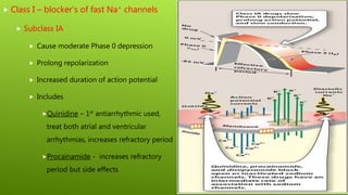  Class I – blocker’s of fast Na+ channels
 Subclass IA
 Cause moderate Phase 0 depression
 Prolong repolarization
 Increased duration of action potential
 Includes
Quinidine – 1st antiarrhythmic used,
treat both atrial and ventricular
arrhythmias, increases refractory period
Procainamide - increases refractory
period but side effects
 