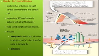  Class IV – Ca2+ channel blockers
 Inhibit influx of Calcium through
cardiac cell membrane into cardiac
cell.
 slow rate of AV-conduction in
patients with atrial fibrillation
 Also called peripheral vasodilators.
 Includes
 Verapamil – blocks Na+ channels
in addition to Ca2+; also slows SA
node in tachycardia
 Diltiazem
 