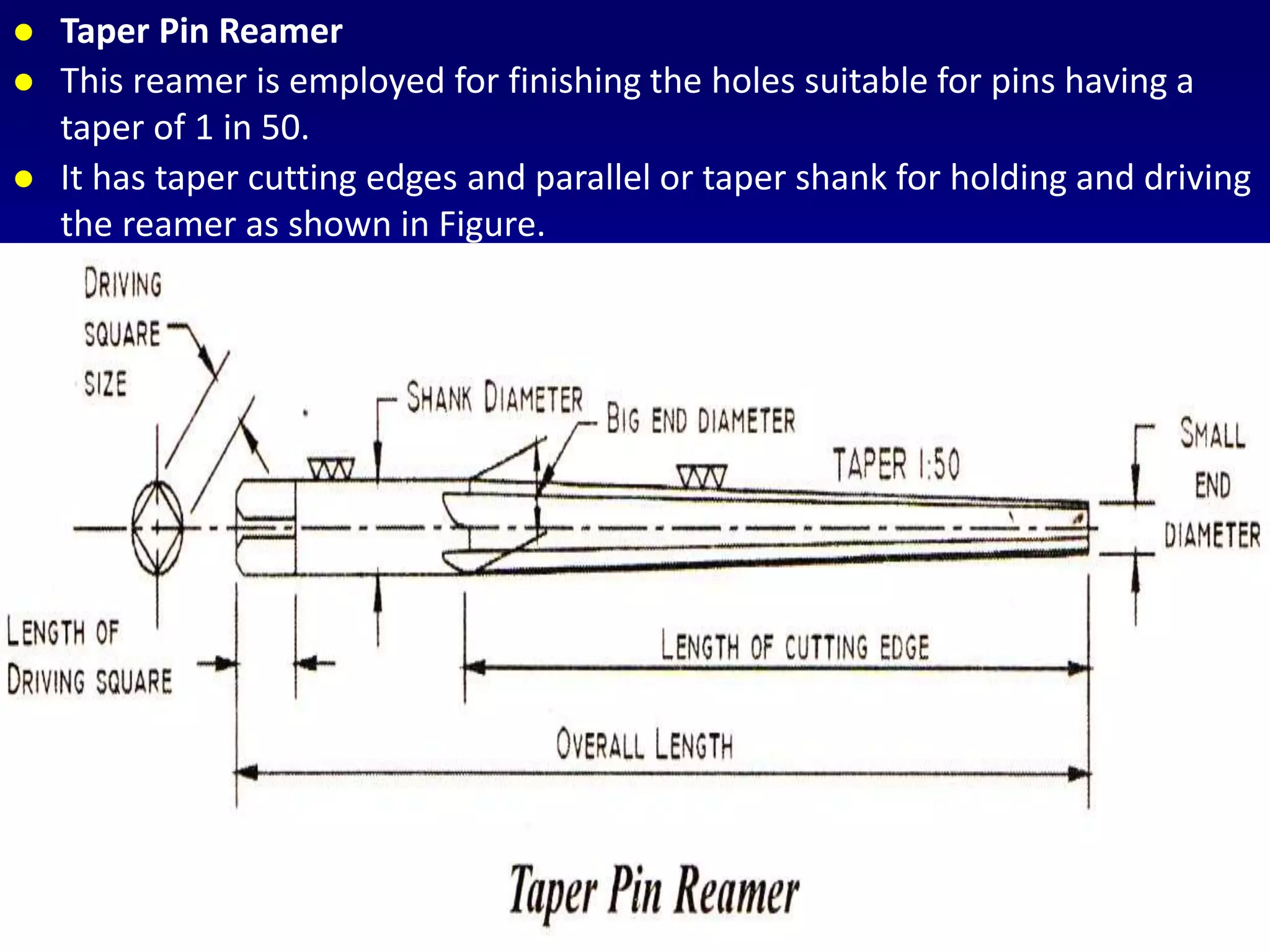  Taper Pin Reamer
 This reamer is employed for finishing the holes suitable for pins having a
taper of 1 in 50.
 It has taper cutting edges and parallel or taper shank for holding and driving
the reamer as shown in Figure.
 