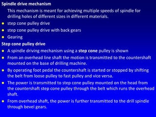 Spindle drive mechanism
This mechanism is meant for achieving multiple speeds of spindle for
drilling holes of different sizes in different materials.
 step cone pulley drive
 step cone pulley drive with back gears
 Gearing
Step cone pulley drive
 A spindle driving mechanism using a step cone pulley is shown
 From an overhead line shaft the motion is transmitted to the countershaft
mounted on the base of drilling machine.
 By operating foot pedal the countershaft is started or stopped by shifting
the belt from loose pulley to fast pulley and vice versa.
 The power is transmitted to step cone pulley mounted on the head from
the countershaft step cone pulley through the belt which runs the overhead
shaft.
 From overhead shaft, the power is further transmitted to the drill spindle
through bevel gears.
 