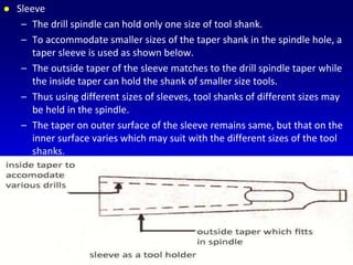  Sleeve
– The drill spindle can hold only one size of tool shank.
– To accommodate smaller sizes of the taper shank in the spindle hole, a
taper sleeve is used as shown below.
– The outside taper of the sleeve matches to the drill spindle taper while
the inside taper can hold the shank of smaller size tools.
– Thus using different sizes of sleeves, tool shanks of different sizes may
be held in the spindle.
– The taper on outer surface of the sleeve remains same, but that on the
inner surface varies which may suit with the different sizes of the tool
shanks.
 