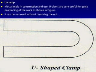  U-clamp
 Most simple in construction and use, U-clams are very useful for quick
positioning of the work as shown in Figure.
 It can be removed without removing the nut.
 