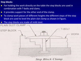 Step blocks
 For holding the work directly on the table the step blocks are used in
combination with T-bolts and clams.
 It provides support for the other end of the clamp.
 To clamp work pieces of different heights the different steps of the step
block are used to level the plain slot clamp as shown in Figure.
 The step blocks are made of mild steel.
 