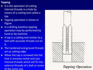 Tapping
 It is the operation of cutting
internal threads in a hole by
means of a cutting tool called a
tap.
 Tapping operation is shown in
Figure.
 In a drilling machine tapping
operation may be performed by
hand or by machine.
 A tap is a cutting tool similar to a
bolt with accurate threads cut on
it.
 The hardened and ground threads
act as cutting edge.
 When the tap is screwed into the
hole it removes metal and cuts
internal threads which will fit into
external threads of a bolt or screw
of the same size.
 