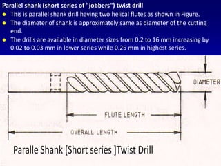 Parallel shank (short series of "jobbers") twist drill
 This is parallel shank drill having two helical flutes as shown in Figure.
 The diameter of shank is approximately same as diameter of the cutting
end.
 The drills are available in diameter sizes from 0.2 to 16 mm increasing by
0.02 to 0.03 mm in lower series while 0.25 mm in highest series.
 