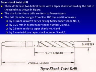 Taper shank twist drill
 These drills have two helical flutes with a taper shank for holding the drill in
the spindle as shown in Figure.
 The shanks for these drills conform to Morse tapers.
 The drill diameter ranges from 3 to 100 mm and it increases
 by 0.3 mm in lowest series having Morse taper shank No. 1,
 by 0.25 mm in Morse taper shank number 2 and 3,
 by 0.5 mm in Morse taper shank No. 4 and
 by 1 mm in Morse taper shank number 5 and 6.
 