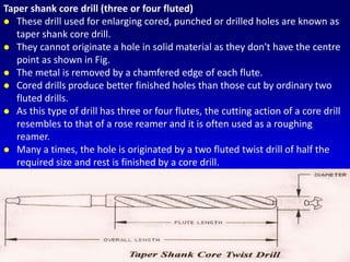 Taper shank core drill (three or four fluted)
 These drill used for enlarging cored, punched or drilled holes are known as
taper shank core drill.
 They cannot originate a hole in solid material as they don't have the centre
point as shown in Fig.
 The metal is removed by a chamfered edge of each flute.
 Cored drills produce better finished holes than those cut by ordinary two
fluted drills.
 As this type of drill has three or four flutes, the cutting action of a core drill
resembles to that of a rose reamer and it is often used as a roughing
reamer.
 Many a times, the hole is originated by a two fluted twist drill of half the
required size and rest is finished by a core drill.
 