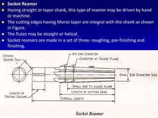  Socket Reamer
 Having straight or taper shank, this type of reamer may be driven by hand
or machine.
 The cutting edges having Morse taper are integral with the shank as shown
in Figure.
 The flutes may be straight or helical.
 Socket reamers are made in a set of three- roughing, pre-finishing and
finishing.
 