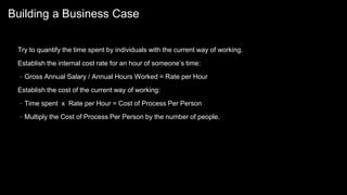 Building a Business Case
Try to quantify the time spent by individuals with the current way of working.
Establish the internal cost rate for an hour of someone’s time:
–Gross Annual Salary / Annual Hours Worked = Rate per Hour
Establish the cost of the current way of working:
–Time spent x Rate per Hour = Cost of Process Per Person
–Multiply the Cost of Process Per Person by the number of people.
 