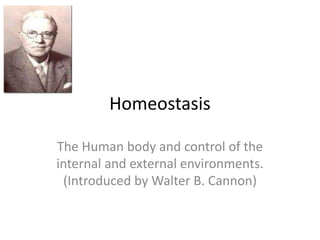 Homeostasis
The Human body and control of the
internal and external environments.
(Introduced by Walter B. Cannon)
 