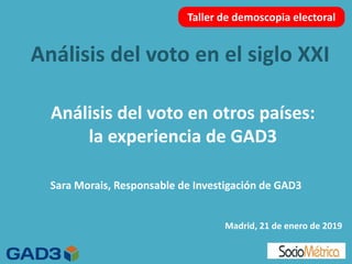 Análisis del voto en el siglo XXI
Madrid, 21 de enero de 2019
Taller de demoscopia electoral
Análisis del voto en otros países:
la experiencia de GAD3
Sara Morais, Responsable de Investigación de GAD3
 