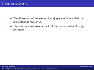 Rank of a Matrix
The dimension of the row (column) space of A is called the
row (column) rank of A.
The row rank and colum...