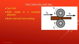 TWO HIGH ROLLING MILL
Two rolls
Rolls rotate in a constant
direction
Both cold and hot working
07-02-2019 05:42 4
 